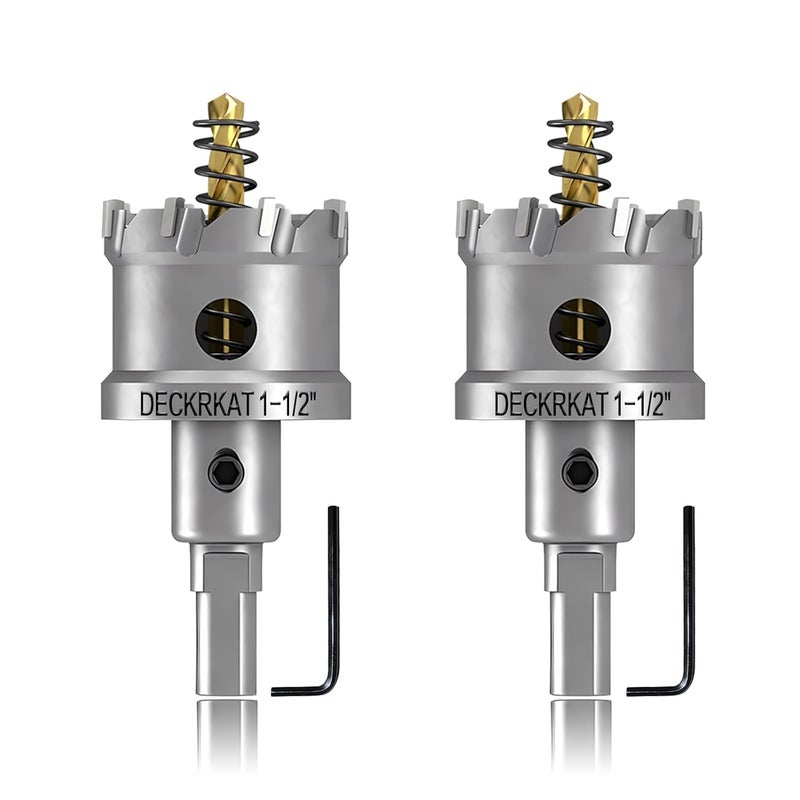 DECKRKAT 2-Pack 1-1/2" TCT Hole Saws for Hard Metal, Heavy Duty 38mm Tungsten Carbide Tipped Hole Cutters Set with Spring-Loaded Pilot Drill Bits for Stainless Steel, Metal, Iron, and Plastic - Image 1